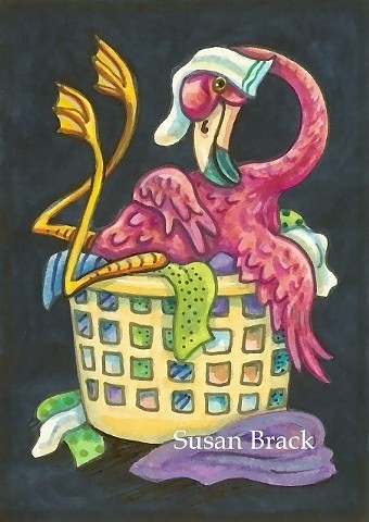 Pink Flamingo Bird Clothes Basket Humor Susan Brack Art Illustration Licensing