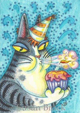 Hiss N Fitz Cat Happy Birthday Cake Candle Susan Brack Art Humor License