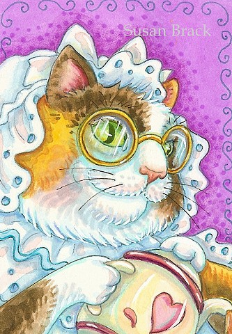 Calico Cat Feline Kitten English Tea Teapot Illustration Susan Brack Art License 