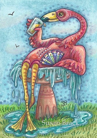 Pink Flamingo Big Bird Bath Hot Summer Susan Brack Art Illustration License