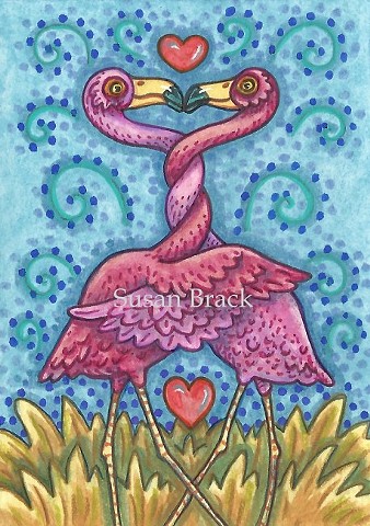 Pink Flamingo Birds Of A Feather Lovers Valentine Kissing Susan Brack Art Illustration