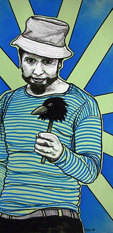 a mixed media painting portrait of a man holding a raven doll wearing a bucket hat