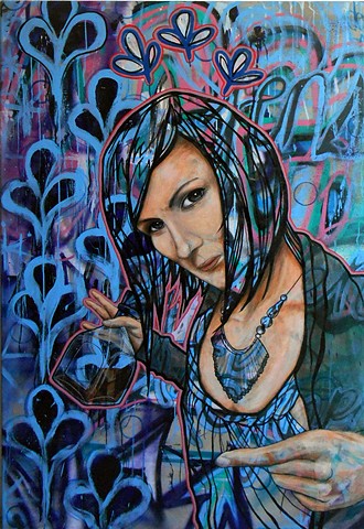 an acrylic art portrait of a woman with rum on canvas
