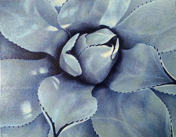 Small acrylic painting of a close-up of an agave cactus
