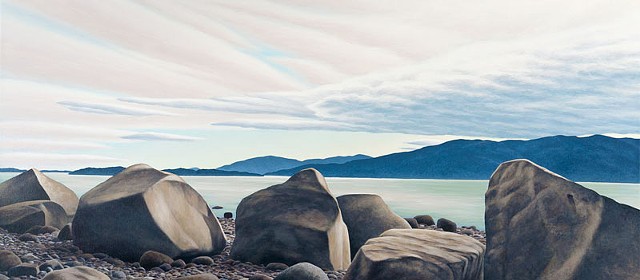 Acrylic painting of beach with large rocks