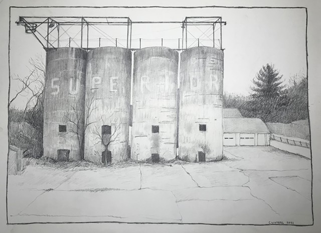 Pencil drawing of abandoned coal towers. 