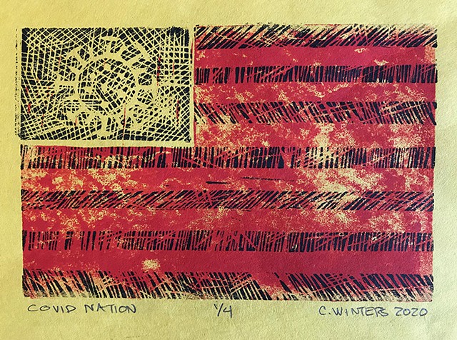 Red and black flag on yellow paper. 