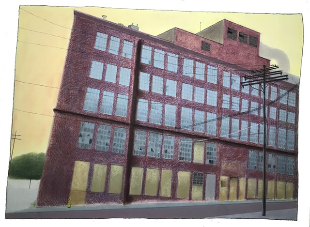 Colorful pastel of an abandoned factory. 