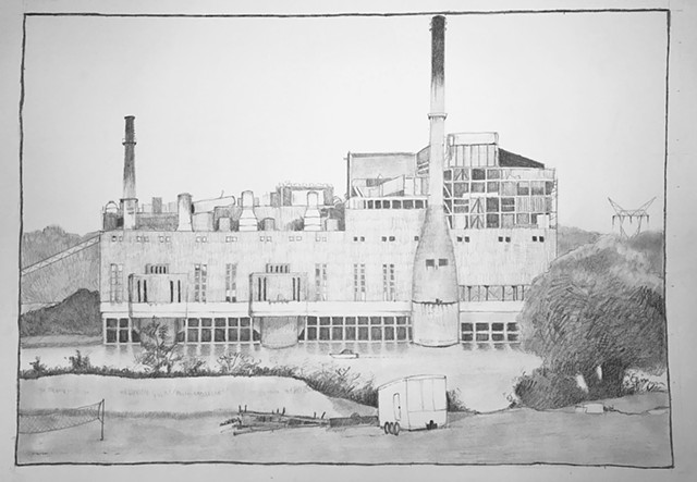 Pencil drawing of a coal-fired power plant in New Richmond, OH. 