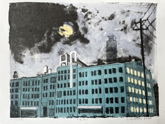 Lithograph of abandoned factory building with a full moon and a monster on the roof. 