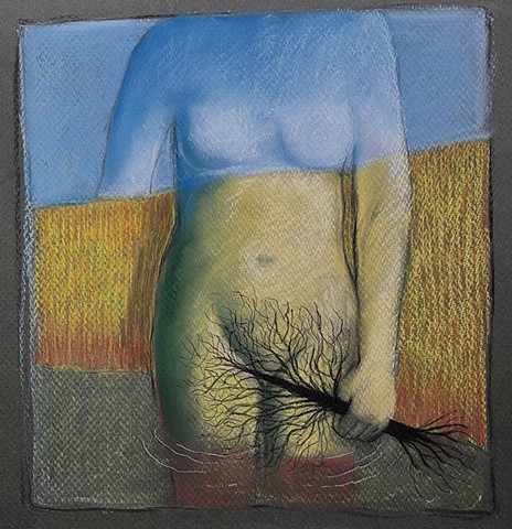 Colorful pastel of a giantess in a landscape. 