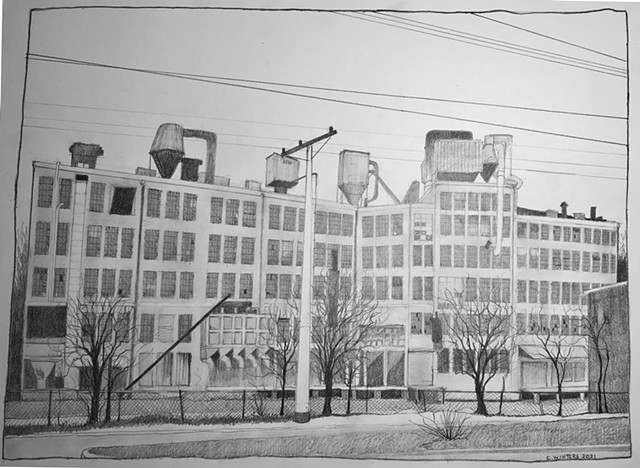 Pencil drawing of an abandoned factory. 