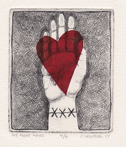 Small print with hand and red heart. 