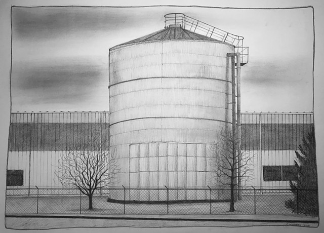 Pencil drawing of a metal silo by factory. 