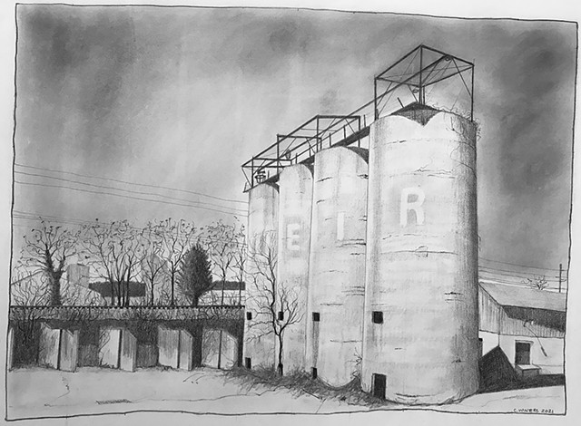 Pencil drawing of abandoned coal towers. 