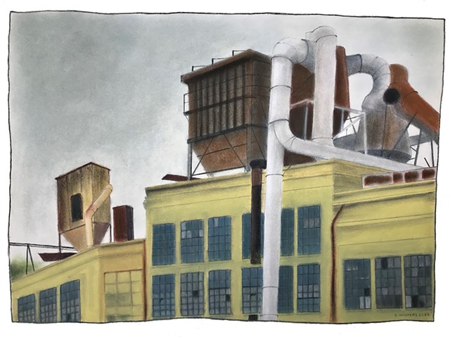 Colorful pastel of an abandoned factory. 
