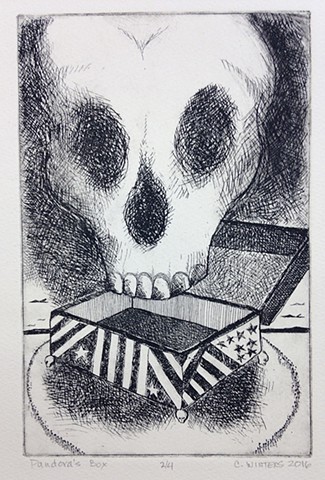 Black and white print of large skull and flag box. 