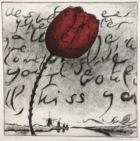 Etching and chine-collé of a red tulip superimposed over hand-written love letter, with windmills and Dutch landscape.  