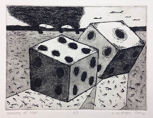 Black and white print of dice in a landscape. 