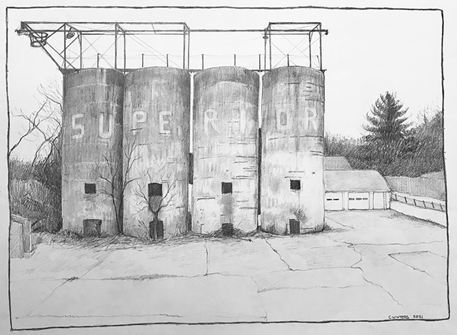 Pencil drawing of abandoned coal towers. 