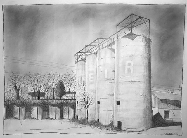Pencil drawing of abandoned coal towers. 