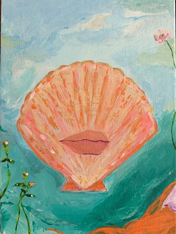 acrylic painting weird art lips goddess venus beach canvas sea shell