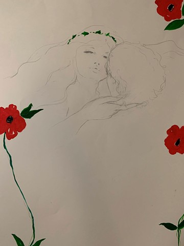 drawing artwork on paper oil aphrodite goddess adonis lovers flowers anemone
