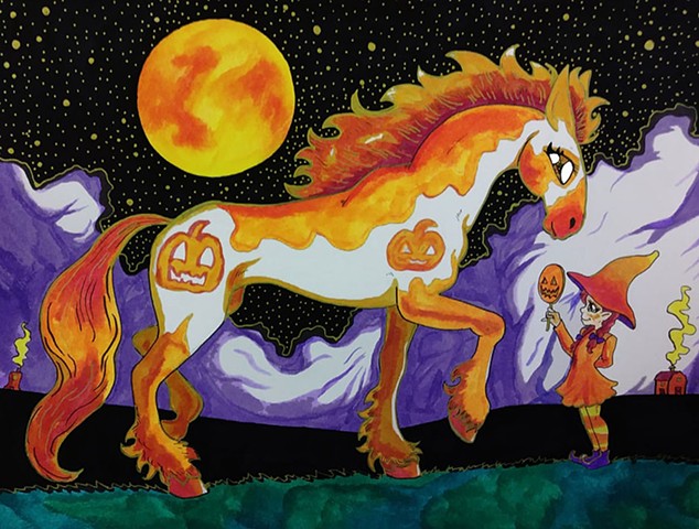 Pumpkin Clydesdale and Horse Girl Witch
