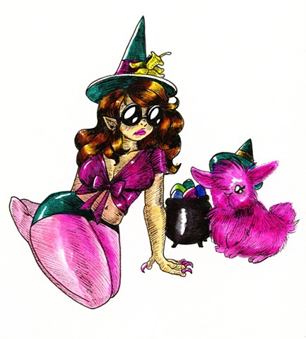Fertility Witch and Angora Rabbit Familiar, in color