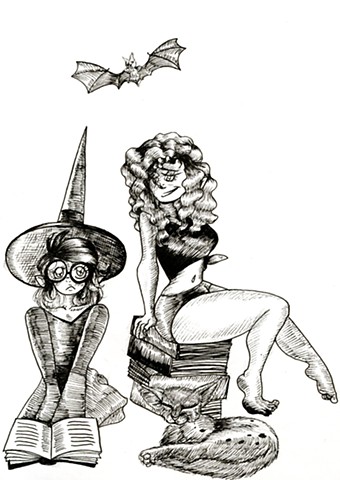 Witch wives, with bat and serval familiars