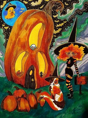 October: Pumpkin Witch and Calico Cat