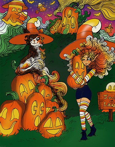 Pumpkin Witch and Calico Cat Familiar