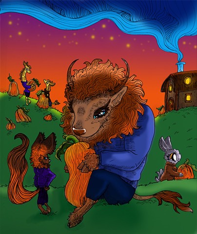 Buffalo and Fox in Pumpkin Patch