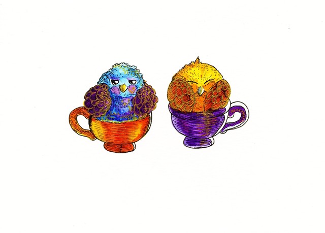Two birds in coffee mugs. 