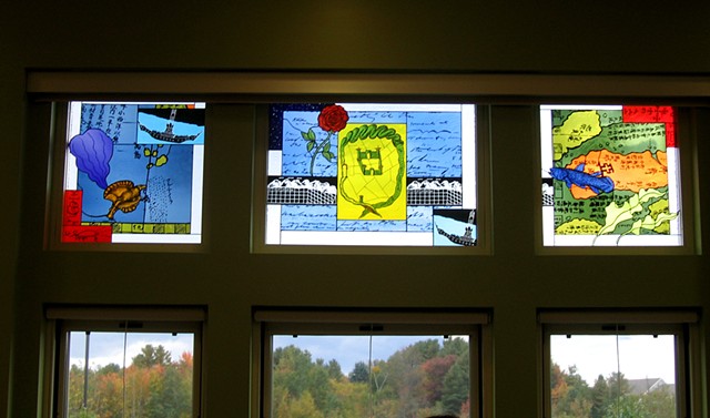 Library windows with sea hare and ink, Roman fortress, coelacanth, Thoreau manuscript, ancient Japanese map, gondola, rose, Micmac writing