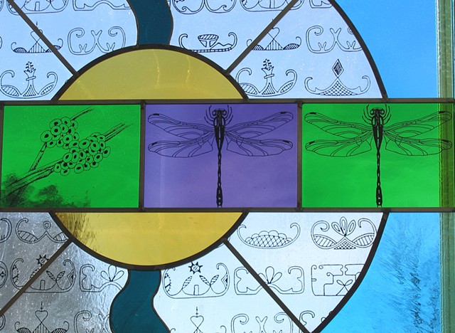 Seriatim, detail with dragonfly, frog eggs, Abenaki double-curve motif 
