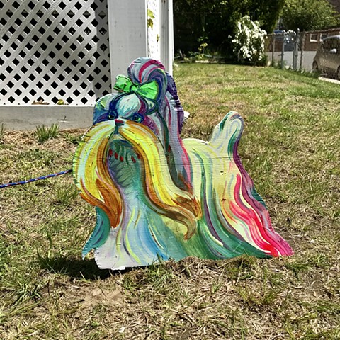 Moop Mop Dog, an Addison to the "Puppies are furrrrrever!" Summer 2020 Installation at the corner of Powder House Terrace and Kidder St. Somerville, MA.