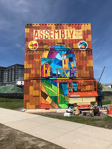 Painted large outside mural with Alexander Golob at Assembly Row in Somerville, MA. March 2019