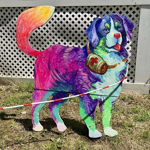 Rescue Pup, an Addison to the "Puppies are furrrrrever!" Summer 2020 Installation at the corner of Powder House Terrace and Kidder St. Somerville, MA.
