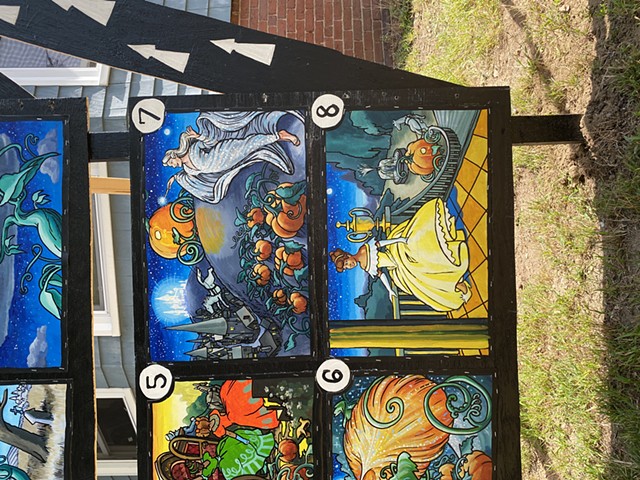 The 7th & 8th panel of the Fairytale Storyboard of Cinderella. Four panels were added to the storyboard every Tuesday for 10 weeks. At the corner of Powder House Terrace and Kidder St. Somerville, MA.