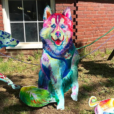 Rocket, an Addison to the "Puppies are furrrrrever!" Summer 2020 Installation at the corner of Powder House Terrace and Kidder St. Somerville, MA.