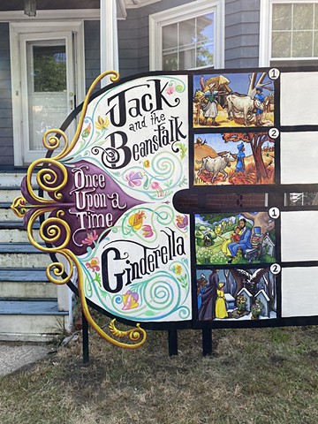 The Begging of the Fairytale Storyboard of Cinderella and Jack and the Beanstalk. Four panels were added to the storyboard every Tuesday for 10 weeks. At the corner of Powder House Terrace and Kidder St. Somerville, MA.