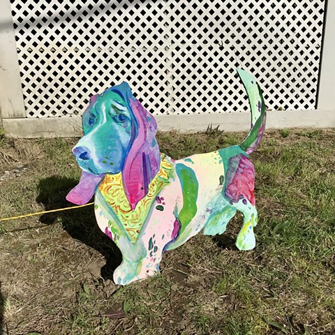 Basset hound, an Addison to the "Puppies are furrrrrever!" Summer 2020 Installation at the corner of Powder House Terrace and Kidder St. Somerville, MA.