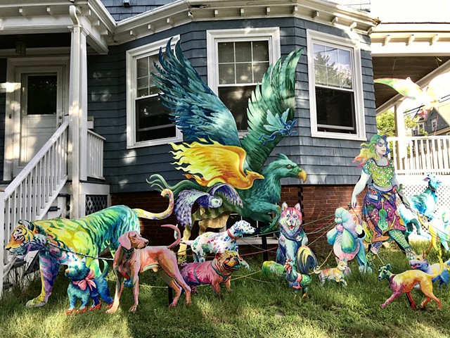 Harry potter alliance! Buckbeak, Hedwig, Cornish pixie, Phoenix, an Addison to the "Puppies are furrrrrever!" Summer 2020 Installation at the corner of Powder House Terrace and Kidder St. Somerville, MA.