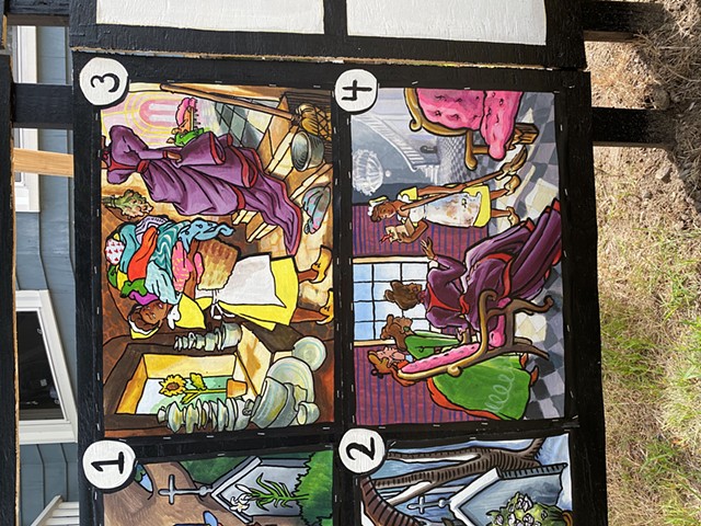 The 3rd & 4th panel of the Fairytale Storyboard of Cinderella. Four panels were added to the storyboard every Tuesday for 10 weeks. At the corner of Powder House Terrace and Kidder St. Somerville, MA.