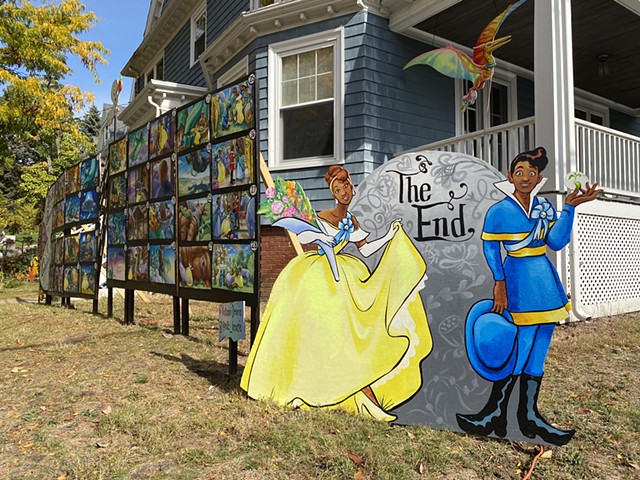 The End panel of the Fairytale Storyboard of Cinderella and Jack and the Beanstalk. Four panels were added to the storyboard every Tuesday for 10 weeks. At the corner of Powder House Terrace and Kidder St. Somerville, MA.