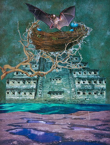 The Bat House, Carol Procter, mixed media collage on paper, 10 ½ x 14”, 2005 
