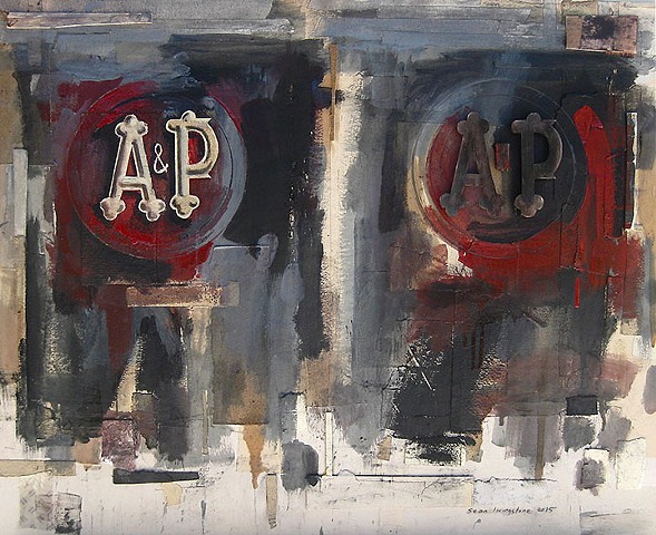 A&P (stereo) by Sean Livingstone Media: enamel, found / repurposed paper, wood, stain, graphite powder, tape, on panel.