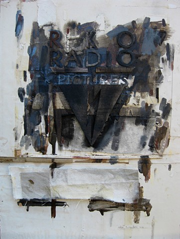 found/repurposed paper, wood, rust, stain, canvas, graphite powder, enamel on panel.