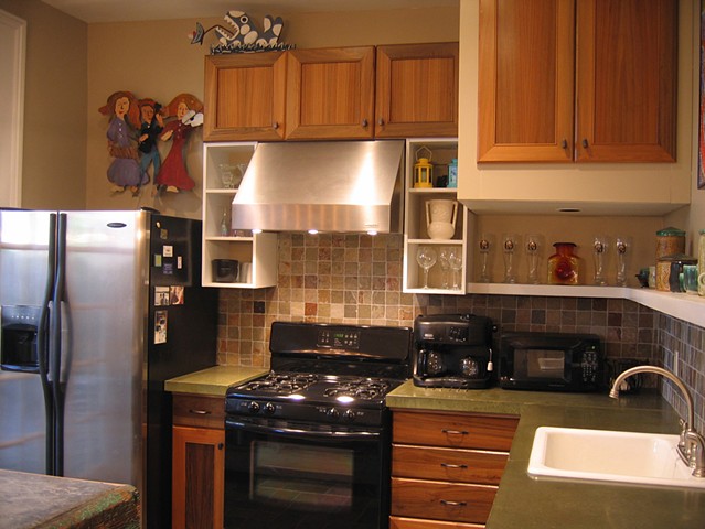 Sinker cypress kitchen, upper cabinets